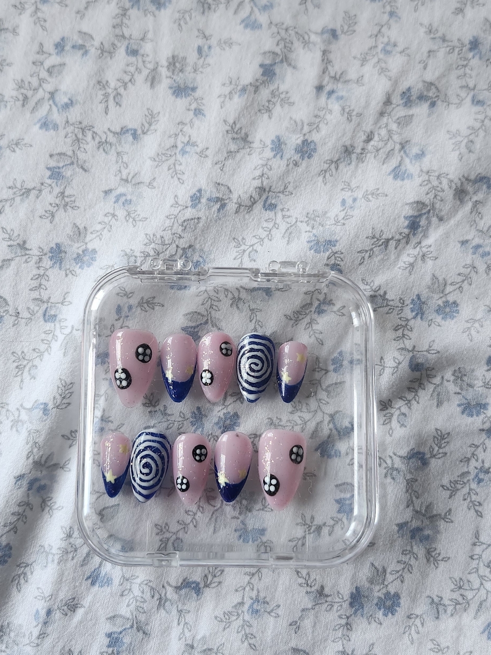 Hand Crafted Pink and Blue Floral Spiral Press-On Nails